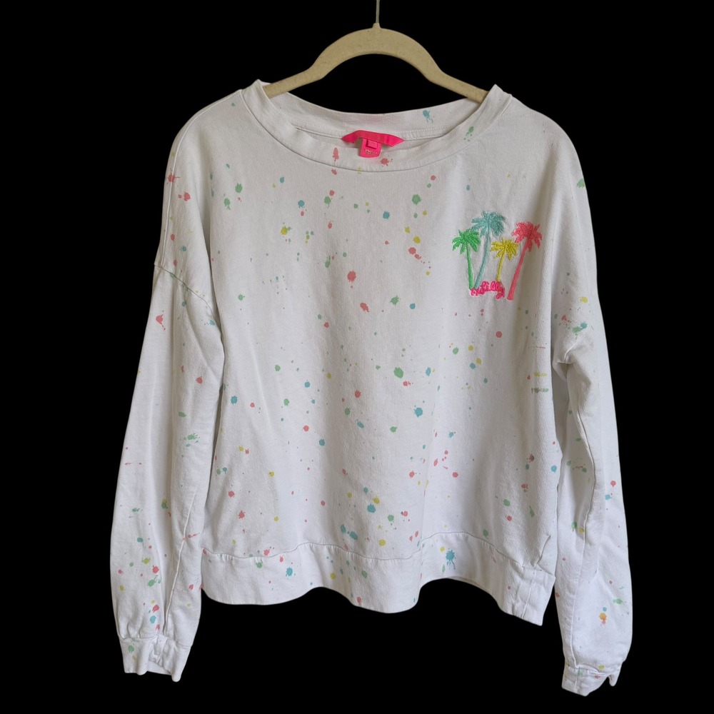 Lilly Pulitzer Small White Paint Splatter Palm Tree Sweatshirt Jogger 2 Pc Set - Picture 3 of 11